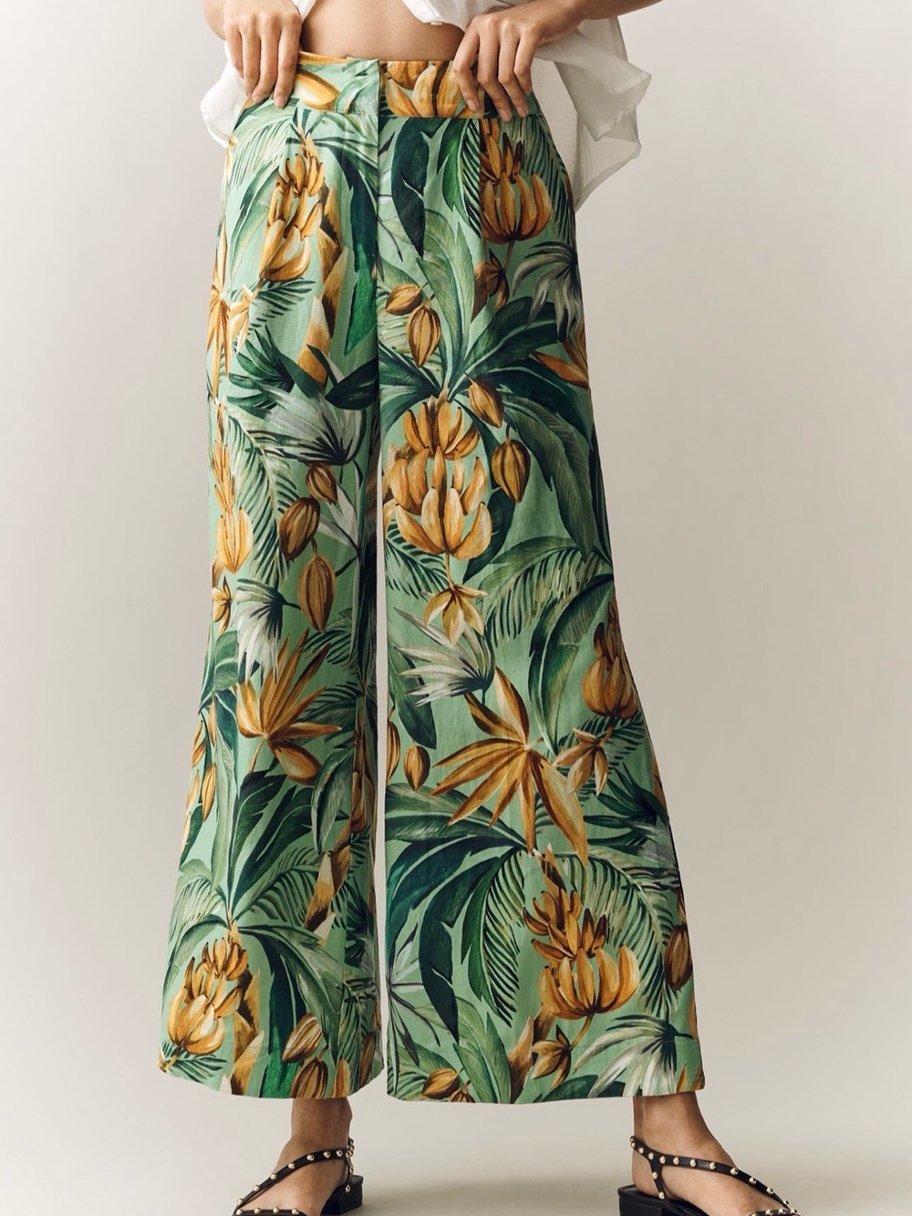 FARM Rio Green & Mustard Botanical Wide-Leg Pants